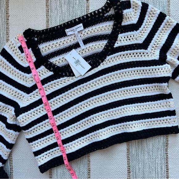 Apiece Apart Black White Striped Open Crochet Knit Slouchy Pullover Sweater XL - Picture 5 of 9